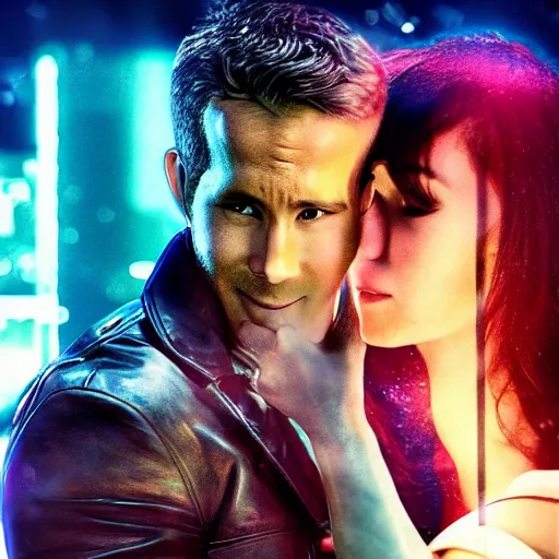 Prompt: poster for a romantic movie featuring ryan reynolds as sgt chase meeting the love of his life tiffany in prison, cyberpunk setting, 4 k resolution, on on imax