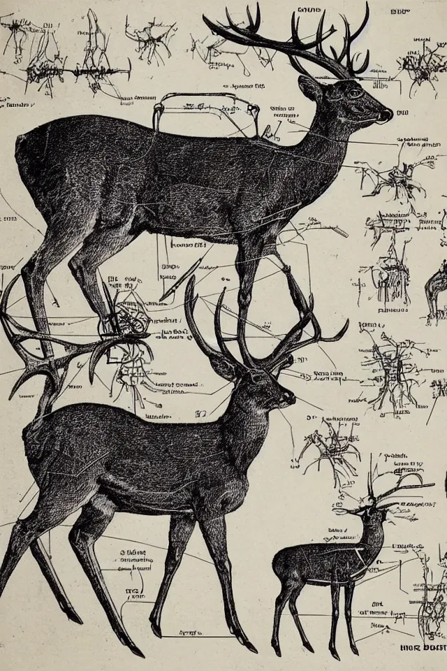 Prompt: a vintage scientific illustration and diagram of a cybernetic deer