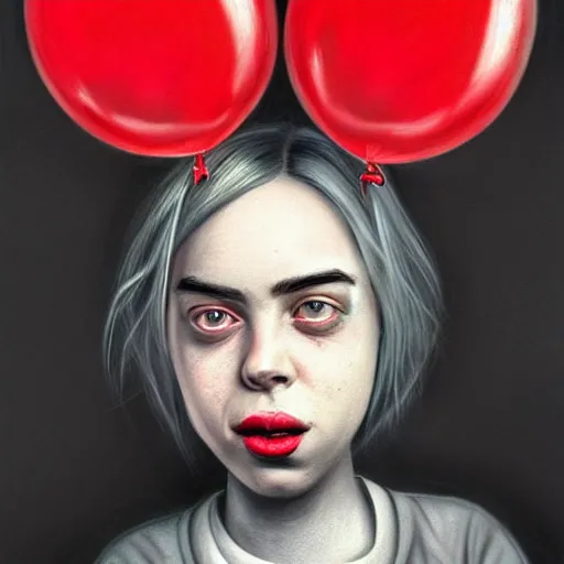 Prompt: surrealism grunge cartoon portrait sketch of billie eilish with a wide smile and a red balloon by - michael karcz, loony toons style, homer simpson style, horror theme, detailed, elegant, intricate