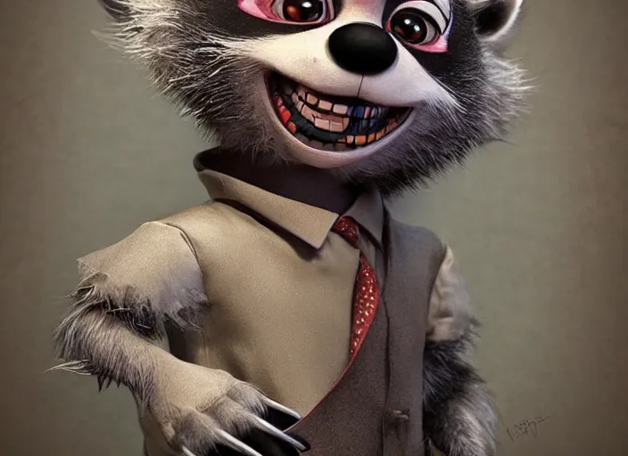 Image similar to award - winning detailed concept art of a creepy animatronic puppet anthropomorphic raccoon character wearing clown makeup. art by wlop on bcy. net, realistic. detailed fur, art by cheng yi. artstationhd, artgerm, 3 dcg, pixar zootopia. 3 d rendering, high quality model sheet, disney. model sheet detailed