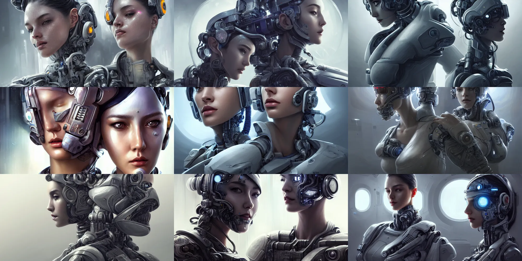 Prompt: ultra realistic style illustration, beautiful alluring nasa cyborg in a super advanced military medical bay, gorgeous face, cyberpunk, sci - fi, fantasy, intricate, elegant, highly detailed, digital painting, artstation, concept art, smooth, sharp focus, illustration, art by mansik yang and rashed alakroka and lin hsiang and wlop