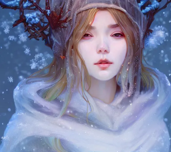 Image similar to beautiful ancient frost witch, fire in eye, snow glow, pool party, highly detailed, digital painting, artstation, sharp focus, illustration, art by tan zi and ayanamikodon and alphonse mucha and wlop!!!