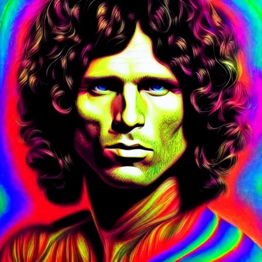 Prompt: An extremely psychedelic portrait of Jim Morrison, surreal, LSD, face, detailed, intricate, elegant, lithe, highly detailed, digital painting, artstation, concept art, smooth, sharp focus, illustration