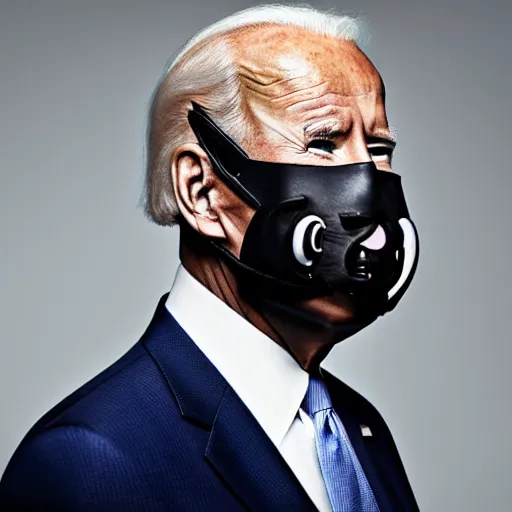 Image similar to uhd candid photo of cosmic joe biden wearing a rubber muzzle, with accurate face, real rubber muzzle, uhd, studio lighting, correct face, photo by annie leibovitz