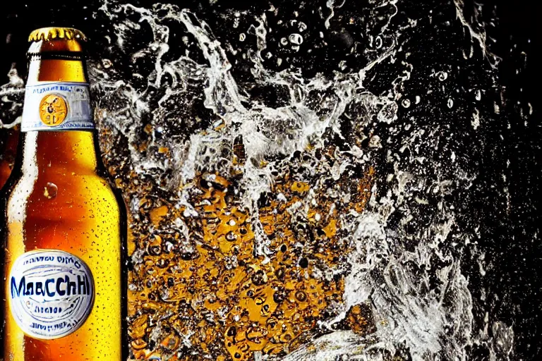 Image similar to a high detail photo of a bottle of beer, splashes of liquid, energetic, delicate by marcel christ
