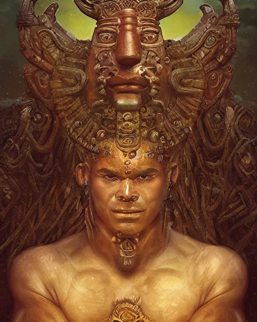 Prompt: digital painting of chac mayan god of rain, art by filipe pagliuso and justin gerard, symmetric, fantasy, highly detailed, realistic, intricate, portrait, sharp focus, tarot card