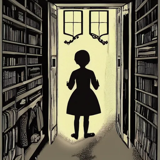 Image similar to an open wardrobe revealing the entrance to a fantastic world, storybook illustration, monochromatic