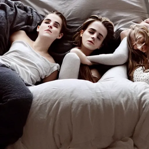 Image similar to emma watson and her friends sleeping in a bunch of cozy beds