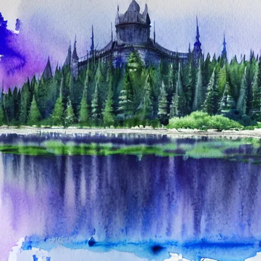 Prompt: A beautiful, highly detailed, very realistic watercolor painting of a huge mysterious purple and dark blue, very large tower in the middle of a dense forest next to a small lake, very realistic, highly detailed, watercolor.