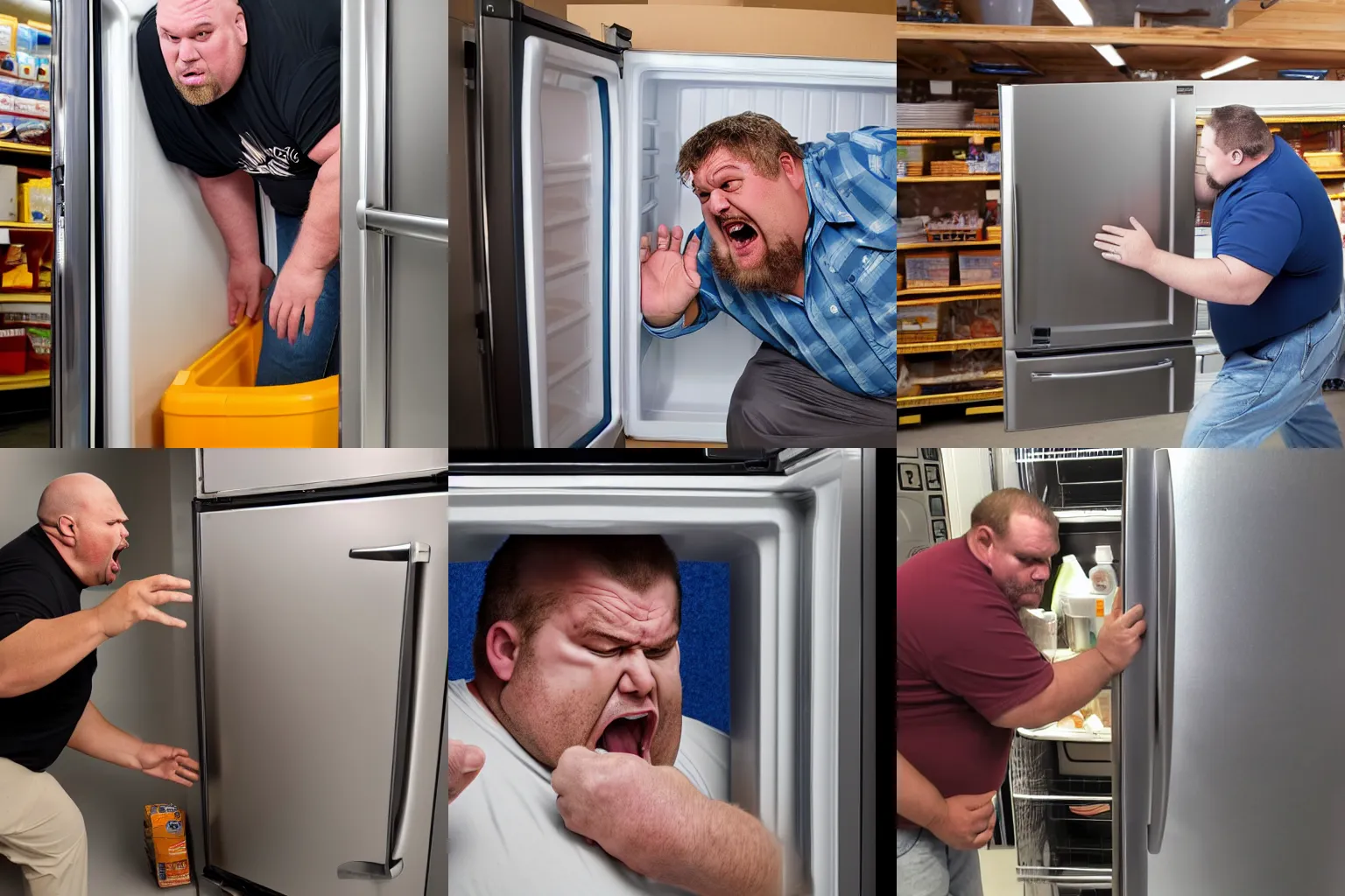 Prompt: high quality photo of an 800-pound man from Tennessee trying to fit inside of a cheap refrigerator at a home improvement store. He is stuck. He is angry and yelling and can't fit in to the refrigerator. Highly detailed, 4k, dingy lighting, ominous tone.