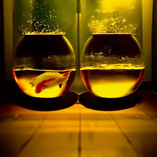 Image similar to two goldfishes swimming in the same fishbowl in a wong kar wai movie, photorealistic, 3 5 mm