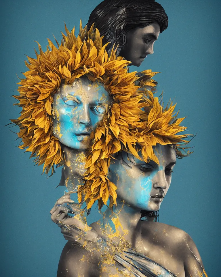 Prompt: symmetrical painting of a fractured obsidian greek woman statue of a topaz spikes sunflowers lightblue dripping paint fixed with kintsugi, rendered in octane trending on cgsociety. extremely detailed and intricate art