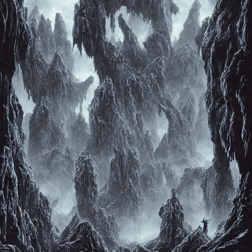 Image similar to haunted mountains of madness in antarctica surrounding an great monolithic city of insane alien towers and blasphemous megastructures, upward cinematic angle, by rodney matthews, michael kaluta, giger, p. craig russell and bill sienkiewicz, ghostly atmosphere, thick lush winter aesthetics, stunning composition, alien creature faces, monstrous animal gods, intricate, strange, elegant, digital art, hyperdetailed, colorful hyperrealism, brilliant photorealism, horror, masterpiece, 4k