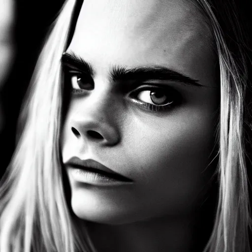 Prompt: minimalistic black and white portrait of cara delevigne, ink on canvas, trending on artstation, eyes, eyebrows, nose, lips, detailed, art