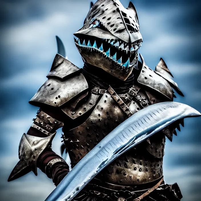 Image similar to photo of a warrior with metal shark themed armour, highly detailed, 4 k, hdr, smooth, sharp focus, high resolution, award - winning photo