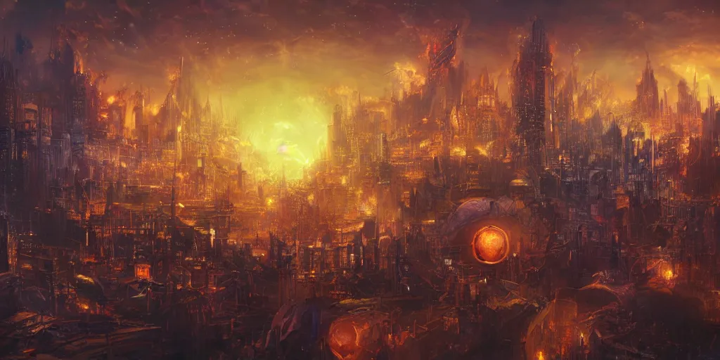 Image similar to fantasy city at night while giant ball of fire crashes to the ground, surreal, digital art, concept art, highly detailed, trending on artstation