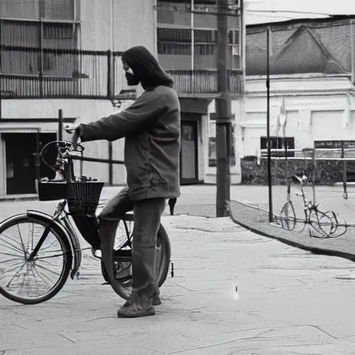 Image similar to security camera footage of jesus stealing a bike, cctv video