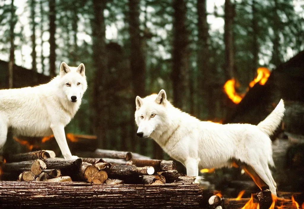 Image similar to lomo photo of a white wolf in front of a burning log cabin, cinestill, bokeh, out of focus