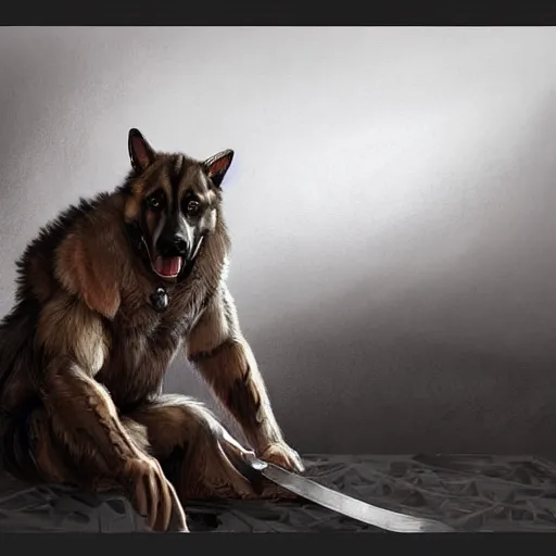 Image similar to a wounded humanoid german shepherd beast - man in military style, sitting on the carpeted floor beside a bed, highly detailed portrait, digital painting, artstation, concept art, smooth, sharp foccus ilustration, artstation