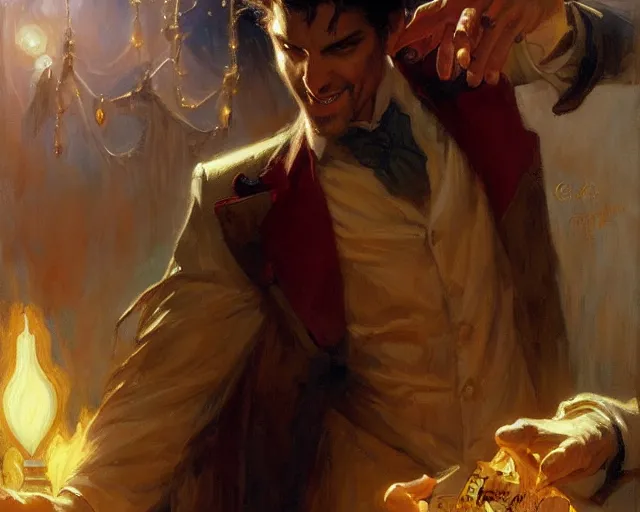 Prompt: attractive magician man, resurrecting the dead. highly detailed painting by gaston bussiere, craig mullins, j. c. leyendecker 8 k