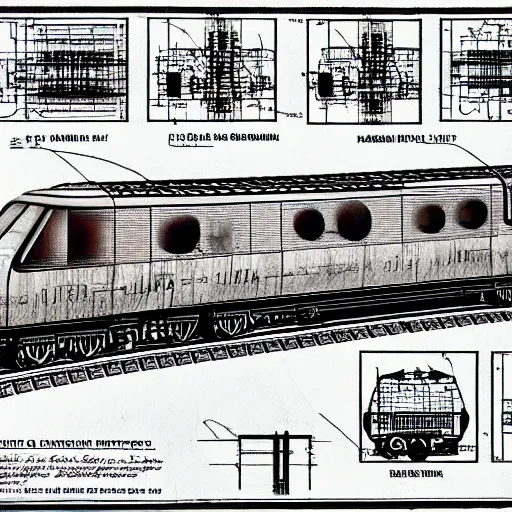 Prompt: blueprints for a nuclear powered train, high detail