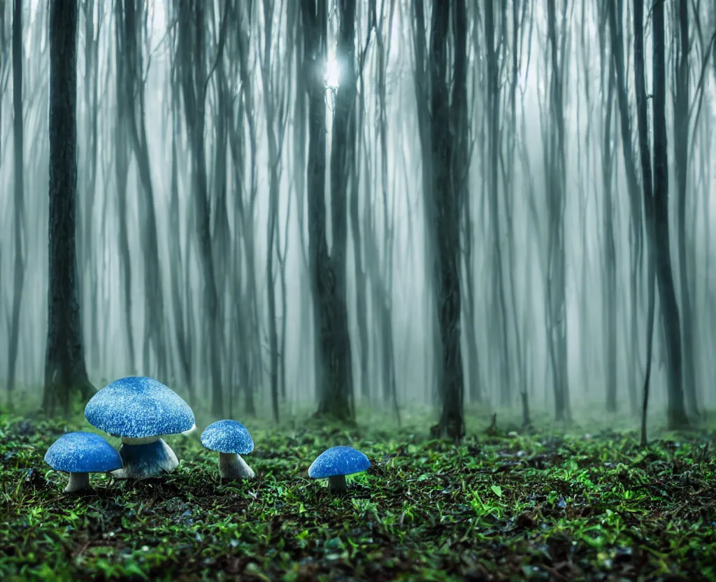 Image similar to blue forest, glowing mushrooms, sigma lens, strong bokeh, photography, highly detailed, 8 5 mm, f / 1. 3, fog, dusk, fantasy