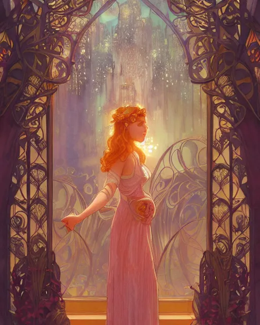 Image similar to secret romance, highly detailed,, art nouveau, gold filigree, romantic storybook fantasy, soft cinematic lighting, award, disney concept art watercolor illustration by mandy jurgens and alphonse mucha and alena aenami, pastel color palette, featured on artstation