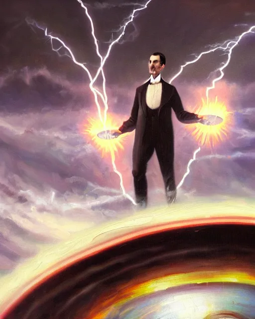 Image similar to an amazing oil painting of Nikola Tesla as a supervillain flying over a vast landscape with electric superpowers electrifying the world with his new giant tesla coil doom machine, sci-fi steampunk concept art, trending on artstation, HD, 4k, 8k