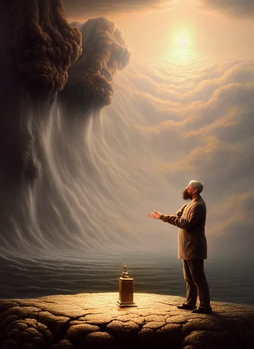 Image similar to a hyper - detailed 3 d render like a oil painting of god speaking with his creation, surrealism!!!!! surreal concept art, lifelike, photorealistic, digital painting, aesthetic, smooth, sharp focus, artstation hd, by greg rutkowski, chris tulloch mccabe, valentina remenar and asher duran,