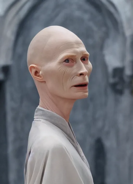 Image similar to film still of tilda swinton as voldemort in harry potter, 4 k, ( voldemort nose )