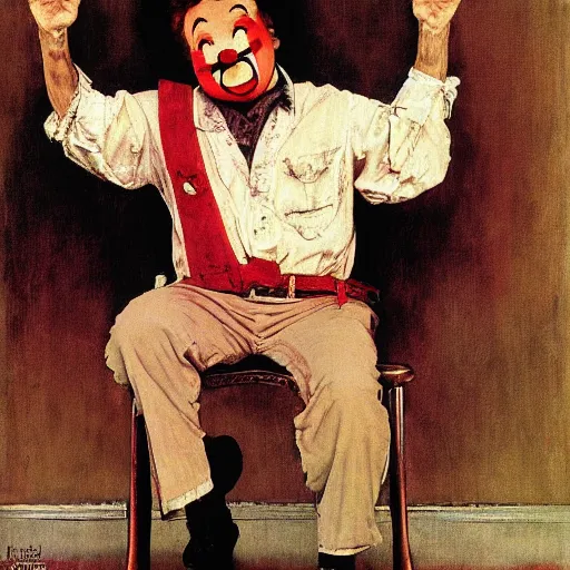 Image similar to Robin Williams as a sad clown painted by Norman Rockwell