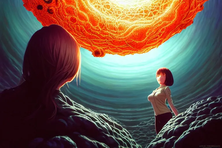 Image similar to azathoth girl save the earth, occlusion shadow, specular reflection, rim light, unreal engine, artgerm, artstation, art by hiroaki samura and ilya kuvshinov and ossdraws, intricate, highly detailed 8 k, surrealistic fantasy illustration, cosmic horror, box office hit, movie poster