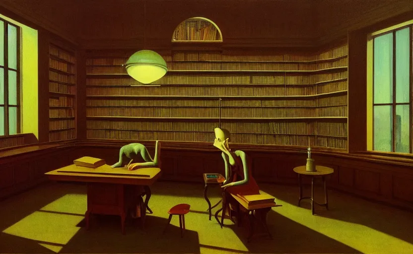 Prompt: Inside a library, Edward Hopper and James Gilleard, Zdzislaw Beksinski, Mark Ryden, Wolfgang Lettl highly detailed, hints of Yayoi Kasuma