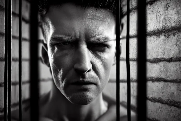 Prompt: an ultra realistic, cinematic, fantasy, portrait, of a prisoner, dramatic, soft light, facial features, stood in a cell, with prison clothing, detailed, deep focus, movie still, dramatic lighting, ray tracing, by michal karcz and yoshitaka amano