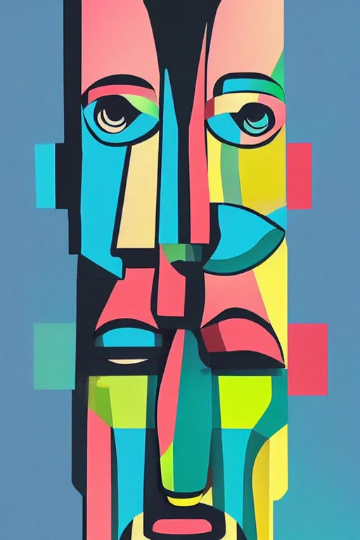 Image similar to cubist moai statue cutout digital illustration cartoon colorful beeple