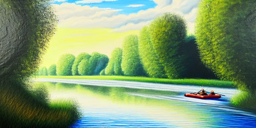 Prompt: A very detailed painting featuring a river in Europe surrounded by trees and fields. A rubber dinghy is slowly moving through the water. Sun is shining. minimalist painting