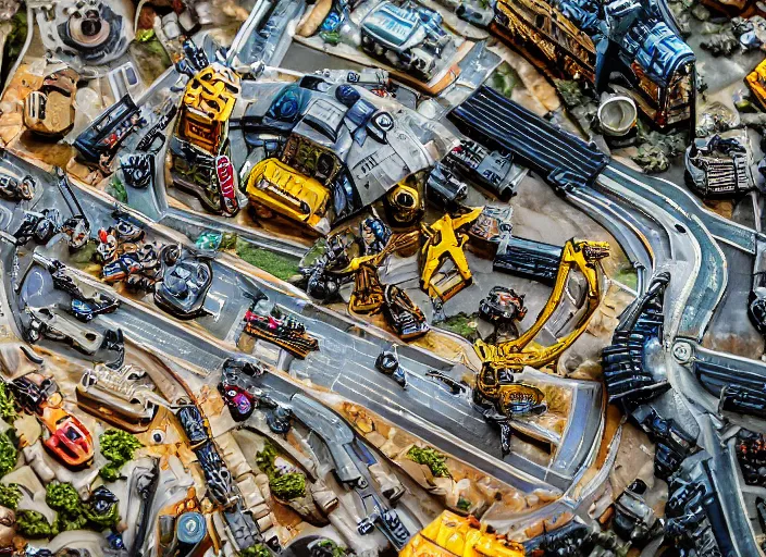Prompt: a photo of a grand scale diorama with sci - fi vehicles and buildings and characters, macro photography