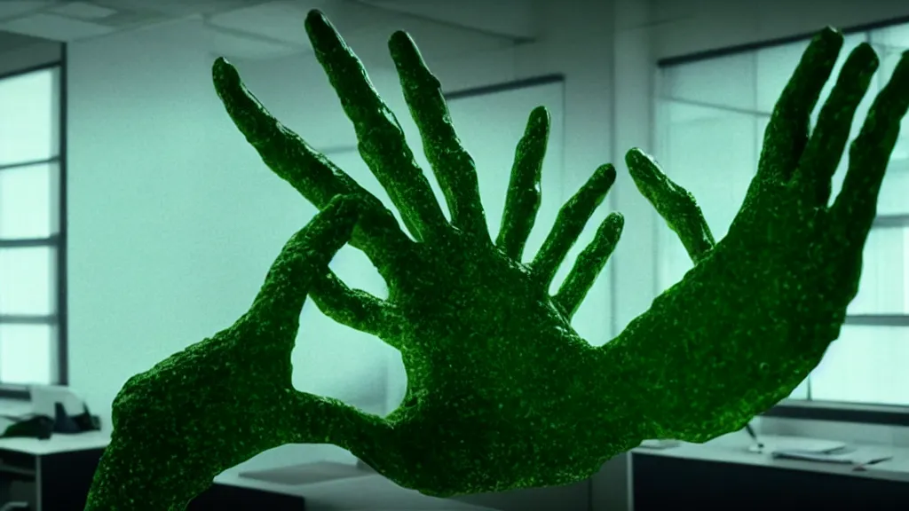 Prompt: the strange giant creature hand in the office, made of Chlorophyll and water, film still from the movie directed by Denis Villeneuve with art direction by Salvador Dalí