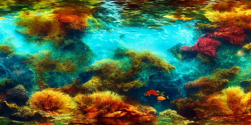 Image similar to ultra realistic underwater photography, panoramic picture of a river with large brightly colourful fish. lots of bubbles. seaweed and some rocks. gloomy scattered light entering from the water surface, artstation, 8 k