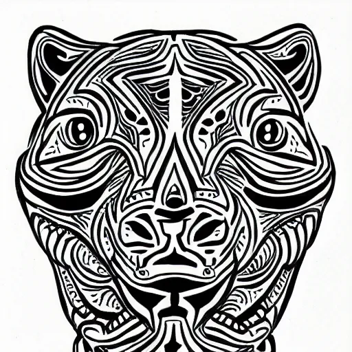 Image similar to jaguar head tattoodesign, geometrical, symmetrical, frontview, black and white, white background. very detailed ink drawing, fine lineart, extremely detailed