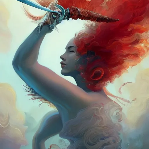 Prompt: a painting of a woman who made of curly white feathers which with red edges is holding a sword, a digital painting by peter mohrbacher, trending on artstation, metaphysical painting, speedpainting, made of feathers, digital painting, holographic undertones, highly saturated colors, 4 k, digital art, concept art, trending on artstation