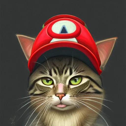 Image similar to Portrait of a Cat wearing a Super Mario hat, kawaii aesthetic, nintendo, Box art, highly detailed, digital painting, artstation, concept art, smooth, sharp focus, illustration, art by artgerm and greg rutkowski and alphonse mucha