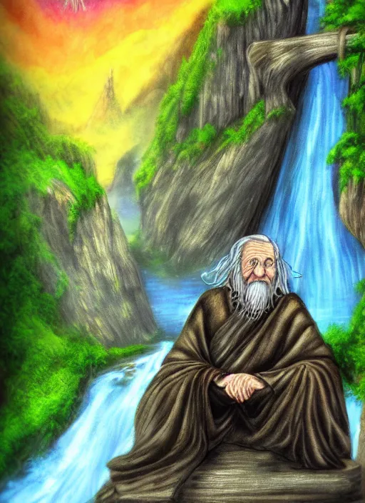 Image similar to old wise wizard sitting next to waterfall in the mountains, trending on deviantart, lord of the rings, detailed, colorful