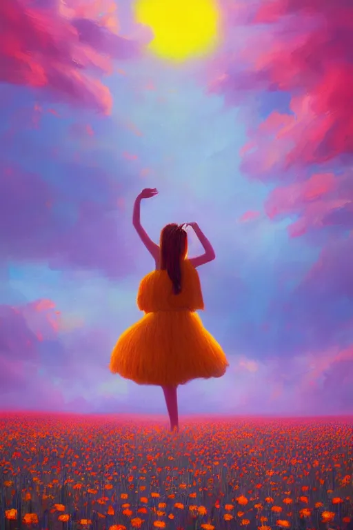 Image similar to giant daisy flower as head, girl dancing in a flower field, surreal photography, sunrise, dramatic light, impressionist painting, colorful clouds, digital painting, artstation, simon stalenhag