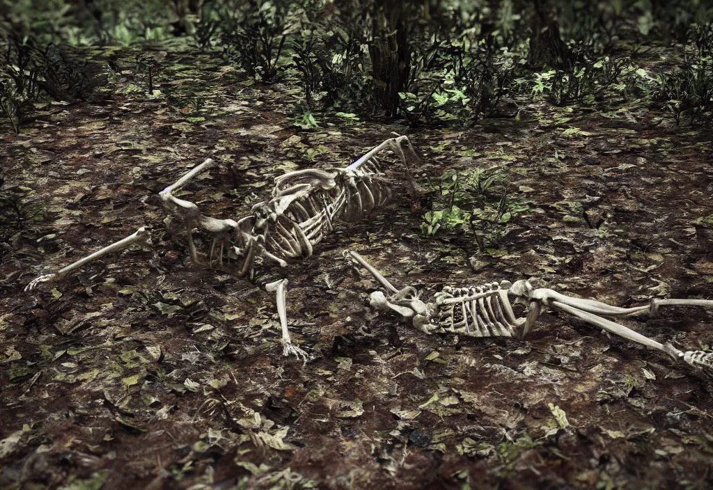 Prompt: close up of a decaying skeleton protruding barely from the dirt in a dense forrest, rain, realism, close up, unreal engine 5.