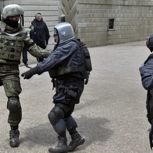 Image similar to a visitor from outer space, being arrested by spetsnaz forces