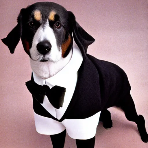 Prompt: 1 9 8 0 s yearbook photography of a dog dressed in a tuxedo