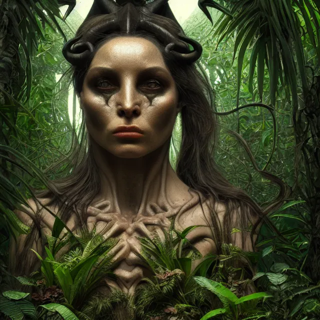 Prompt: a beautiful portrait of baphomet, 8 k, zbrush, octane, 8 k, incredibly detailed, androgynous, hr giger, peter gric, pablo amaringo, alphonse mucha, cybernetic organism, nvidia, unreal engine, overgrown jungle ruins