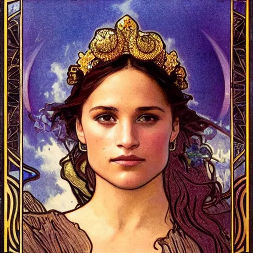 Image similar to alicia vikander portrait by louis - theophile hingre and alphonse mucha, realistic, sharp focus, zodiac signs, tarot cards, planets, ethereal, art nouveau, magic, moon, sun, crown, dreamy, royal, jewellery