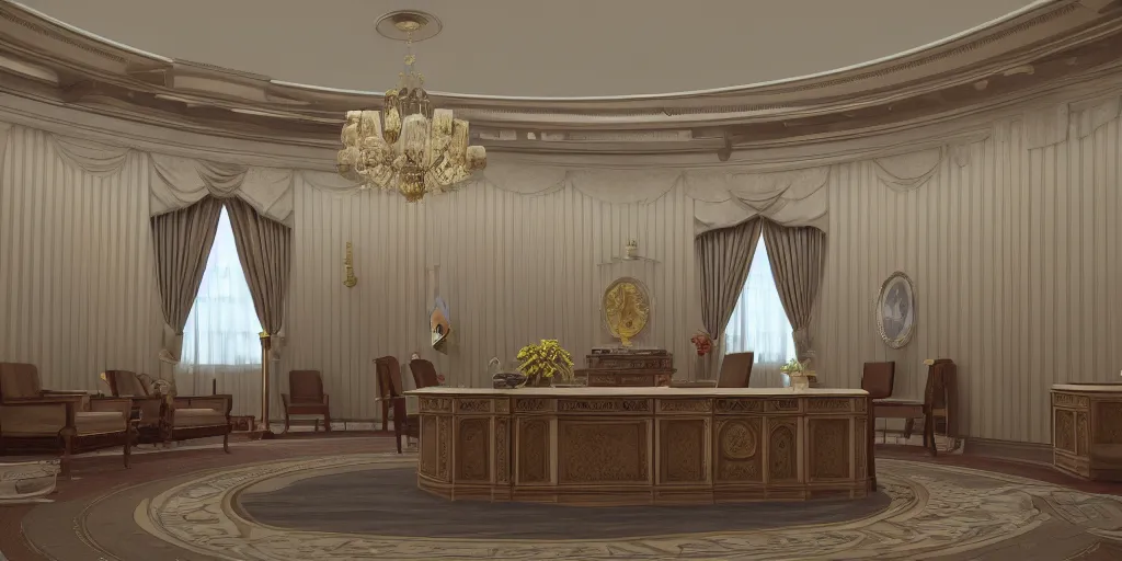 Image similar to isometric 3 d rendering of the oval office, art deco, octane render, trending on artstation, cgsociety